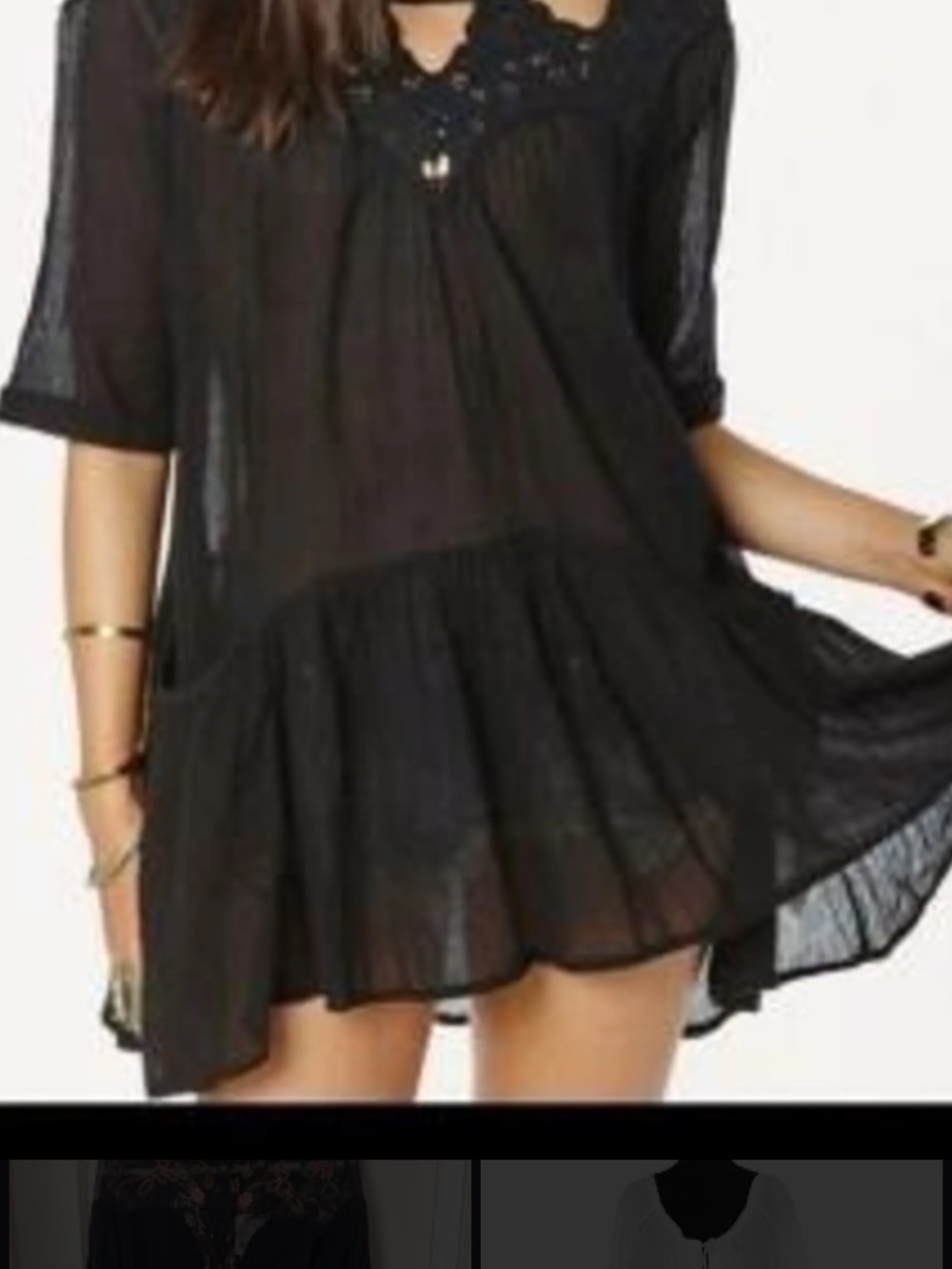 Free People Black Sheer Tiered Babydoll Lace and Embroidered Tunic Dress Size S